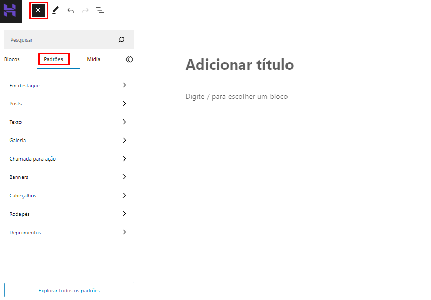 Destaques para o botão de adicionar novo bloco e para a aba de padrões no menu lateral do editor de blocos do WordPress