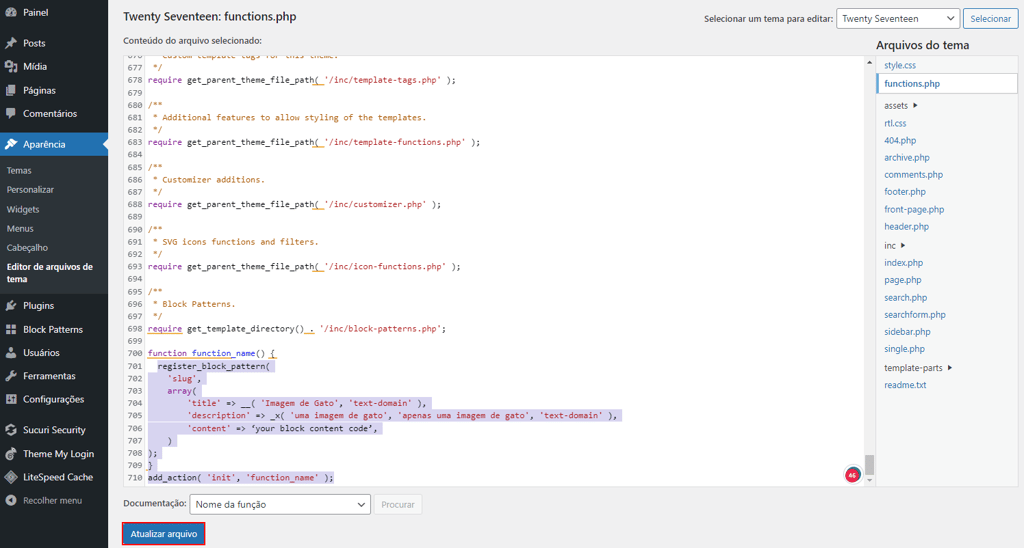 Arquivo functions.php acrescido do código referente ao novo padrão de bloco