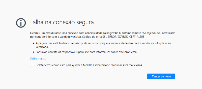 Exemplo de mensagem de erro semelhante ao ERR_SSL_PROTOCOL_ERROR_ no Mozilla Firefox