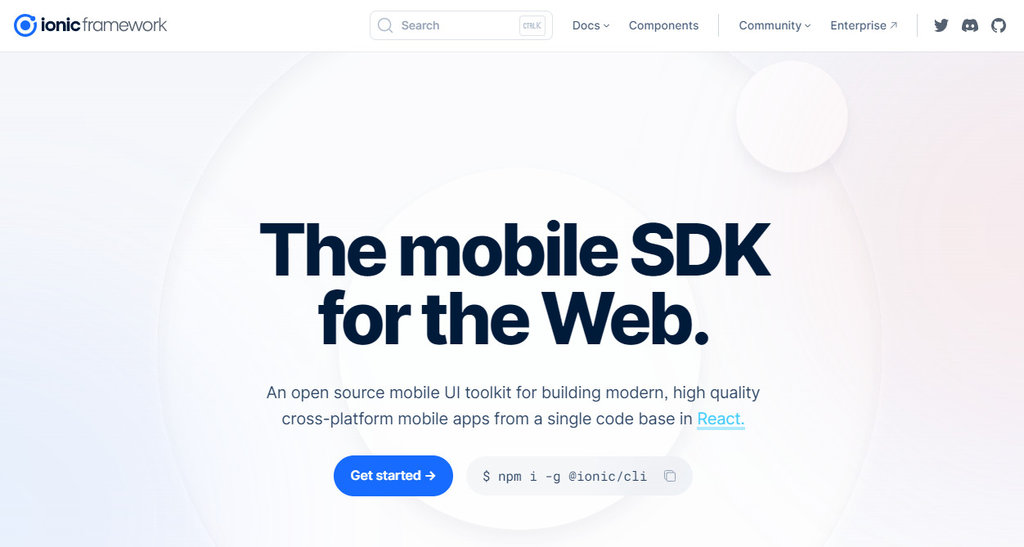 p&aacute;gina inicial do site do ionic framework 