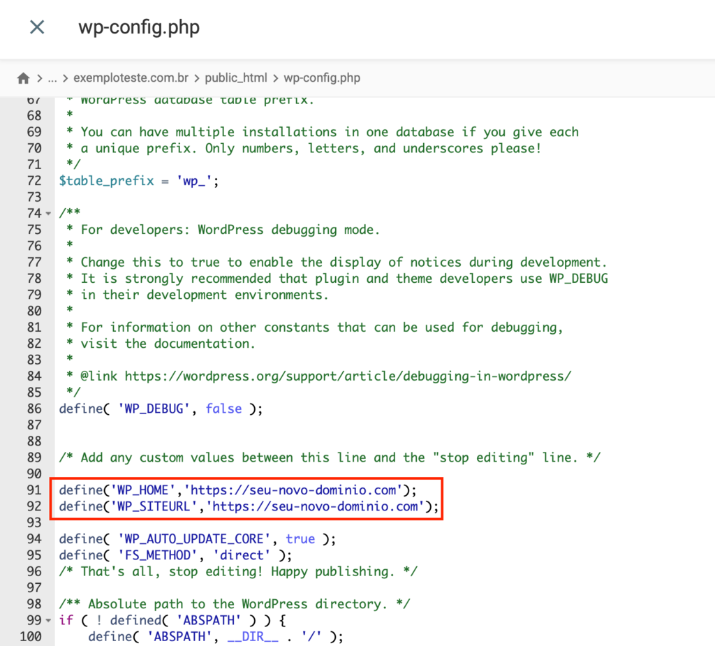 modificando arquivo wp-config.php para alterar dom&iacute;nio de site wordpress