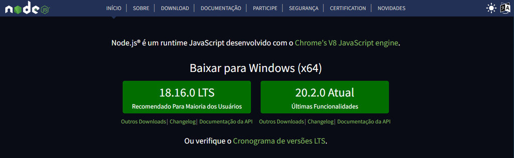 p&aacute;gina inicial do site do node.js