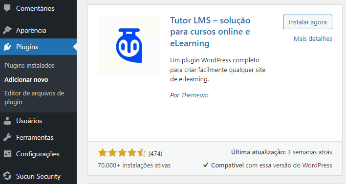 fazer upload do plugin Tutor LMS no WordPress