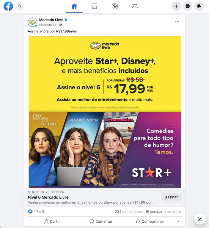 exemplo de an&uacute;ncio no feed de not&iacute;cias do facebook