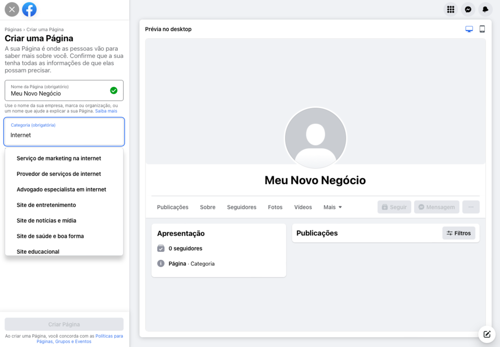 criando p&aacute;gina no facebook