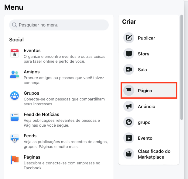 criando p&aacute;gina no Facebook