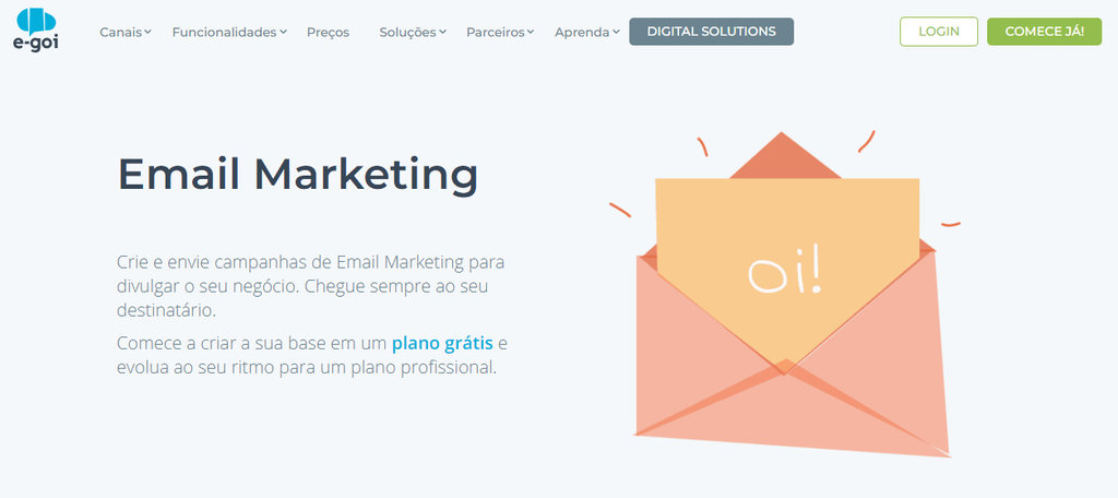 p&aacute;gina inicial da plataforma de email marketing e-goi