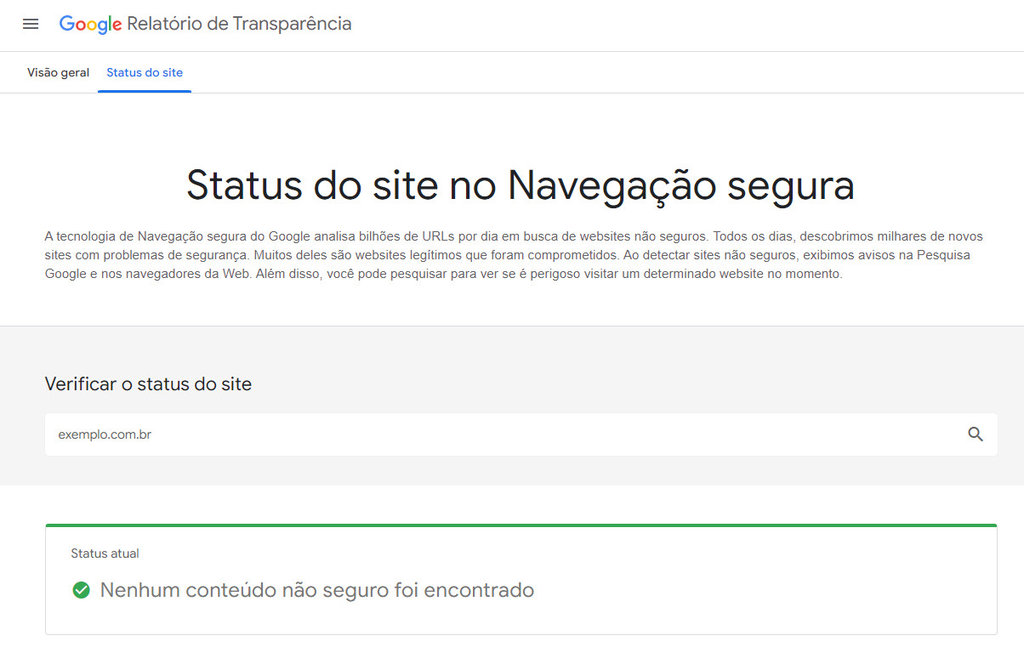 status do site no navega&ccedil;&atilde;o segura do google