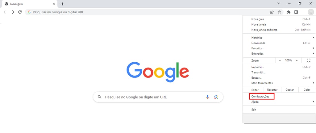 Menu de configurações no Google Chrome