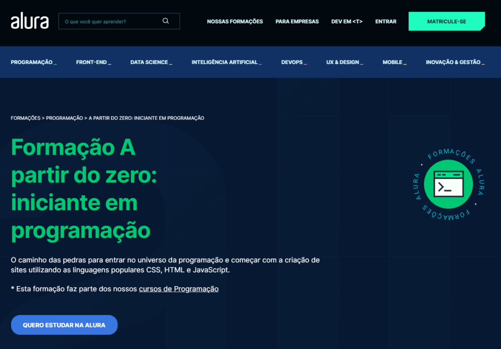 p&aacute;gina do curso de programador Forma&ccedil;&atilde;o de Iniciante em Programa&ccedil;&atilde;o na Alura