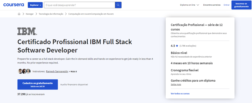 p&aacute;gina do curso Certificado Profissional IBM Full Stack Software Developer