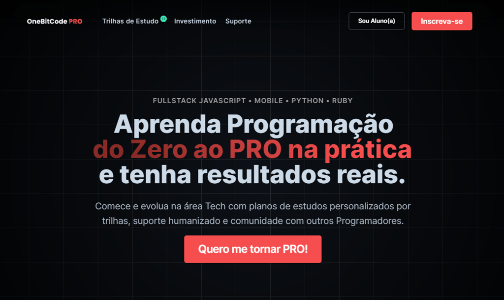 p&aacute;gina do curso de desenvolvimento onebitcode Pro