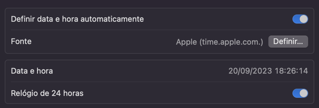 Menu Data e Hora no macOS com a opção Definir data e hora automaticamente ativada