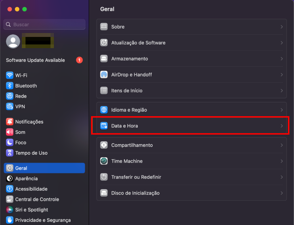 Menu de configurações gerais no macOS, com a opção Data e Hora destacada