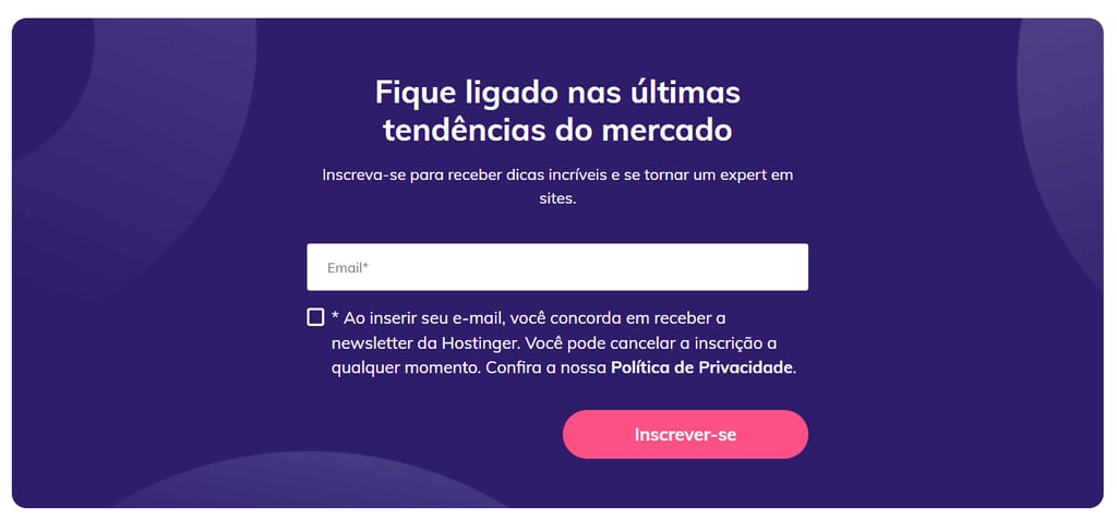 Formul&aacute;rio de inscri&ccedil;&atilde;o da Hostinger, no qual os visitantes podem se inscrever com seu endere&ccedil;o de email.