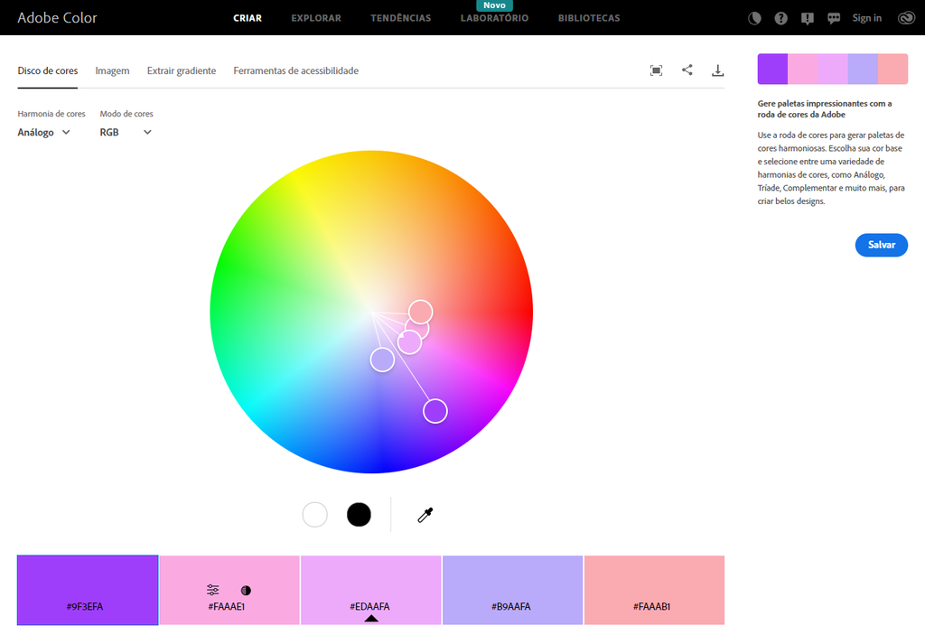 Interface de usu&aacute;rio do Adobe Color
