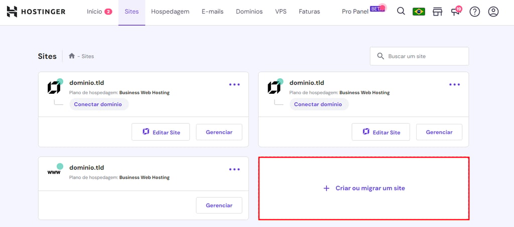criar ou migrar site no hpanel