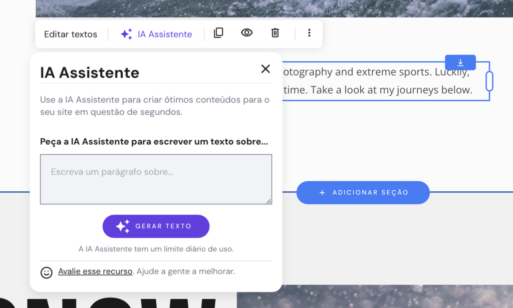 ferramenta de escritor de conte&uacute;do IA no criador de sites da hostinger