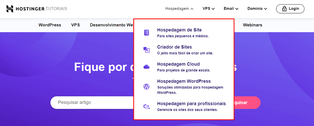 Exemplo de menu suspenso na p&aacute;gina de tutoriais da Hostinger