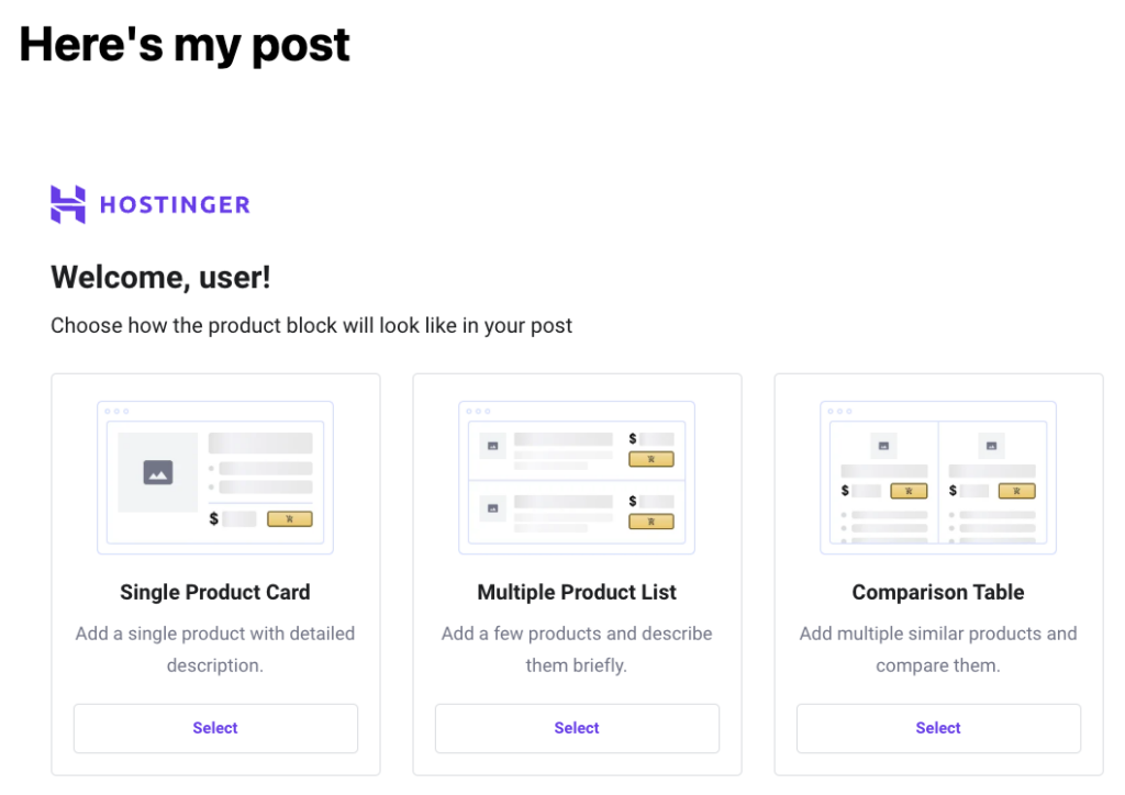bloco do plugin conector de afiliado Amazon da hostinger