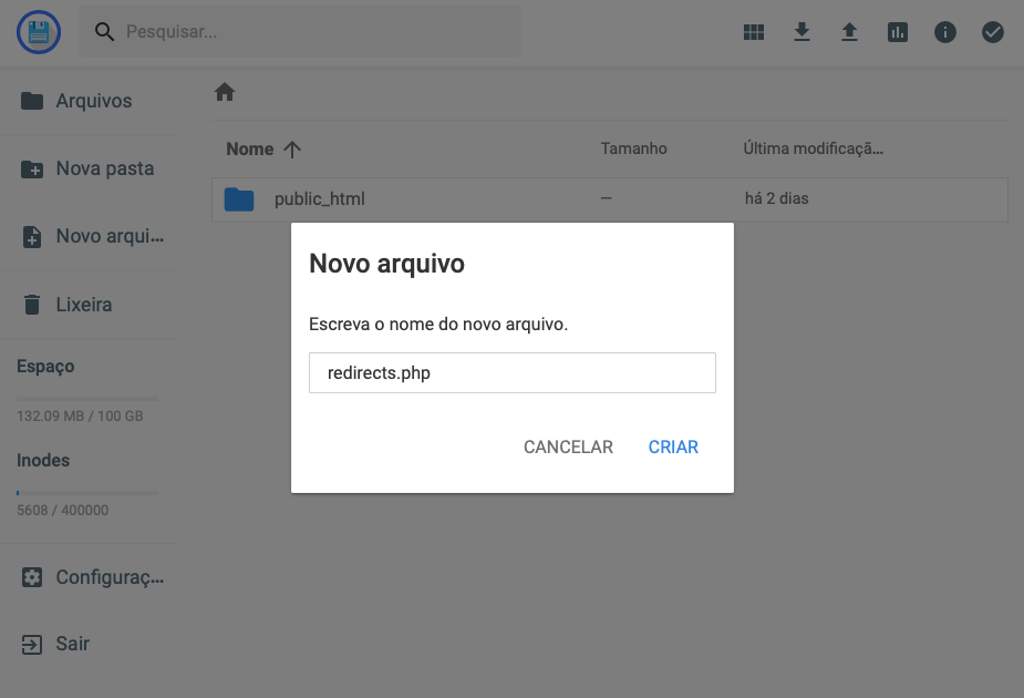 criando arquivo redirects.php no gerenciador de arquivos do hpanel
