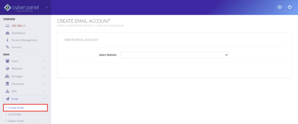 criando conta de email no cyberpanel