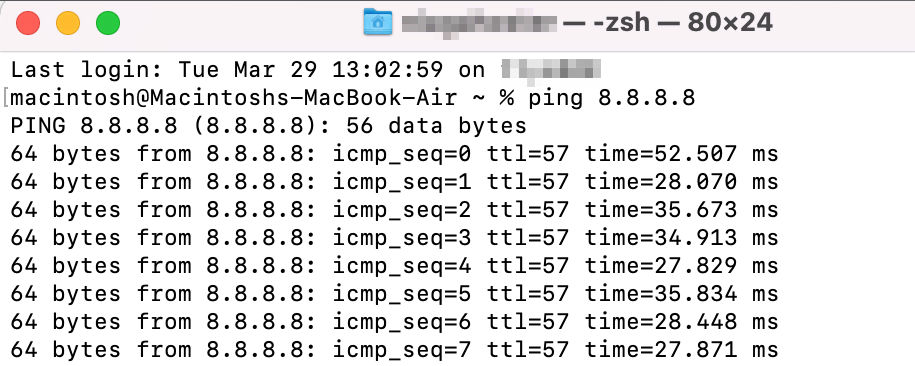 Execu&ccedil;&atilde;o do comando ping usando o Terminal no macOS