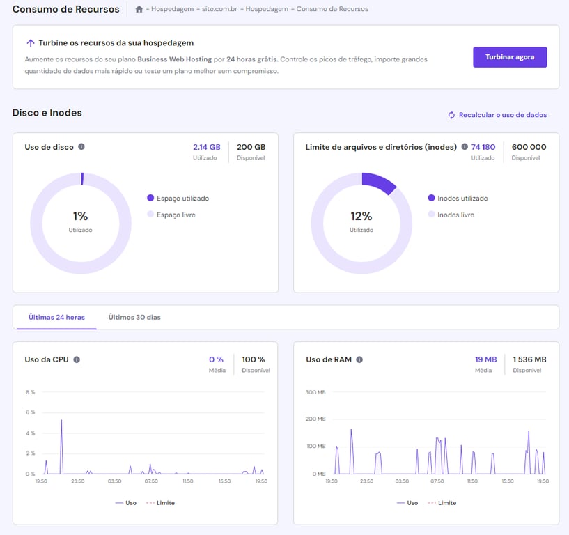 A p&aacute;gina Consumo de Recursos no hPanel