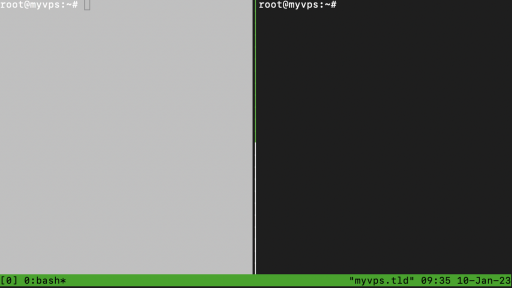 Janela de prompt de comando que exibe a funcionalidade de configuração do tmux. Vários painéis estão ativos, um dos quais tem cor de fundo branca