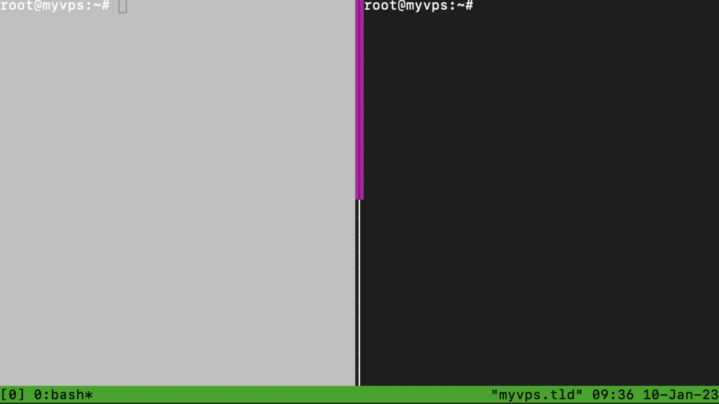 A janela do terminal exibindo a funcionalidade dos painéis do tmux. Com a ajuda dos arquivos de configuração, a cor da borda do painel agora é definida como magenta