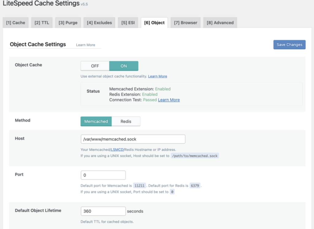 página de configurações do litespeed no wordpress