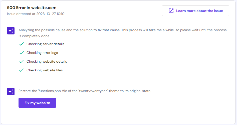usando o solucionador de problemas com ia da hostinger para solucionar o erro 500 num site wordpress