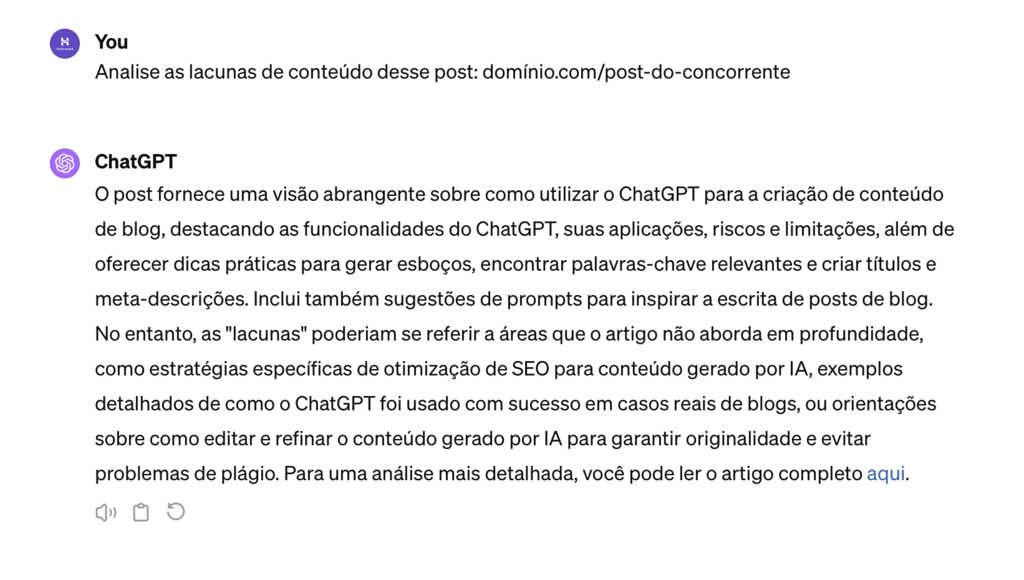 chatgpt analisa lacunas de conte&uacute;do em artigo concorrente