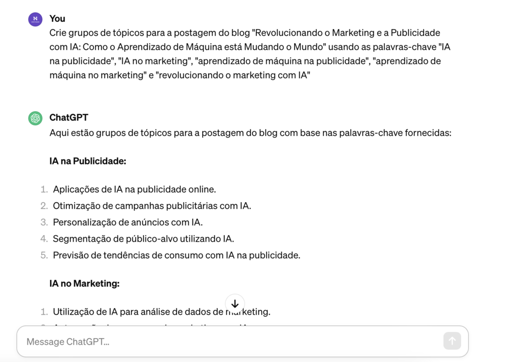 chatgpt sugere grupos de t&oacute;picos para blog