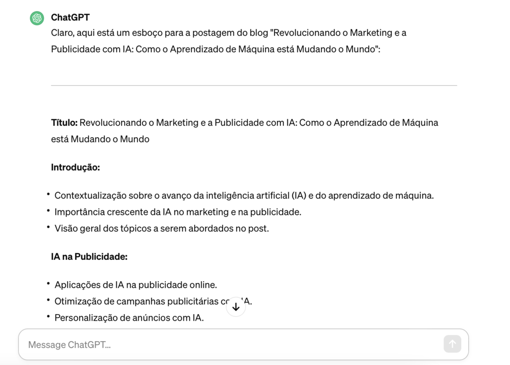 chatgpt faz esbo&ccedil;o de postagem para blog