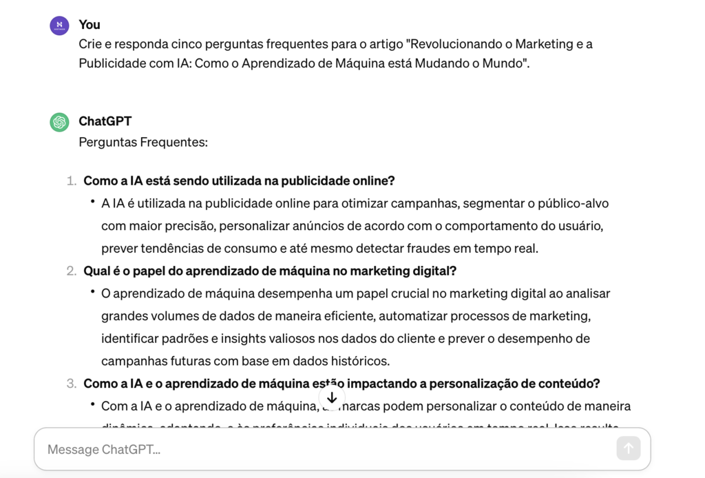 chatgpt sugere se&ccedil;&atilde;o de perguntas frequentes para artigo de blog