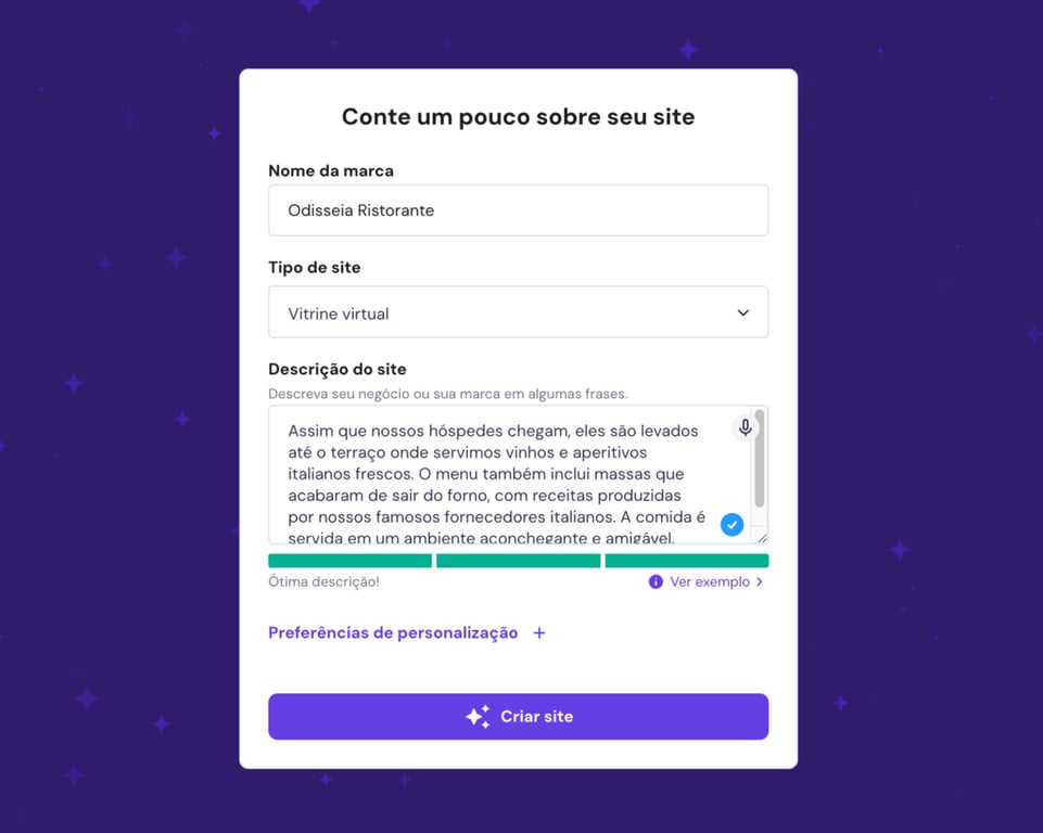 Segunda etapa do fluxo de integração da Criador de Sites com IA da Hostinger, solicitando aos usuários que descrevam sua marca e seu site