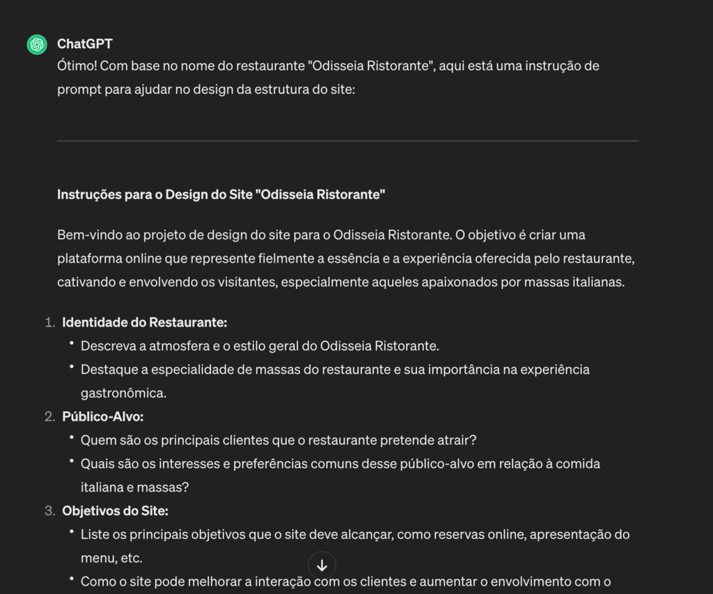 Exemplo de uma instrução de prompt de design de site para o ChatGPT