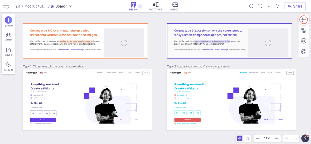 Interface de usuário do Visily, uma ferramenta de IA que pode converter esboços e capturas de tela em um wireframe de web design