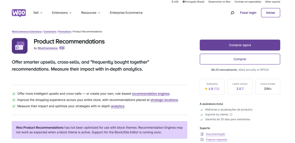 Página de destino do complemento Product Recommendations do WooCommerce