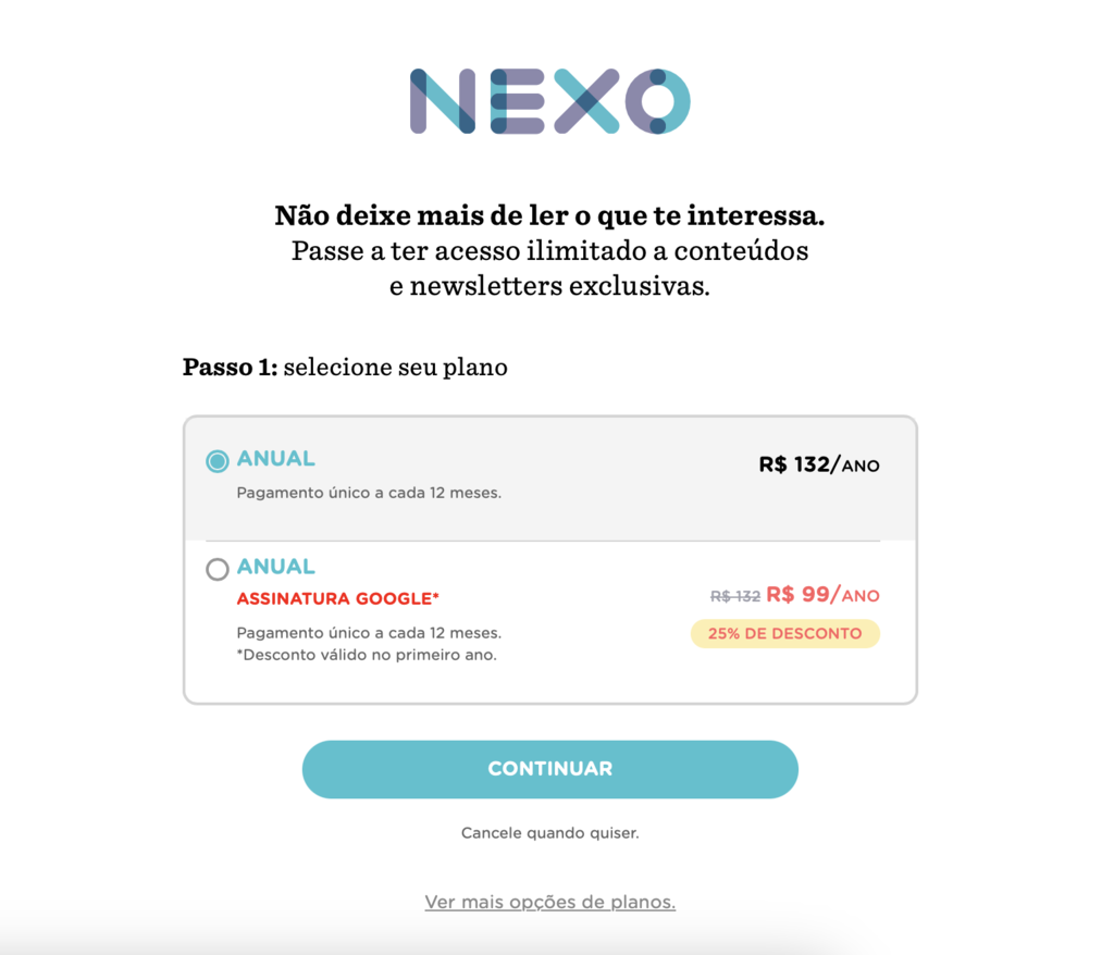 modelo de assinatura de site com área de membros do nexo jornal