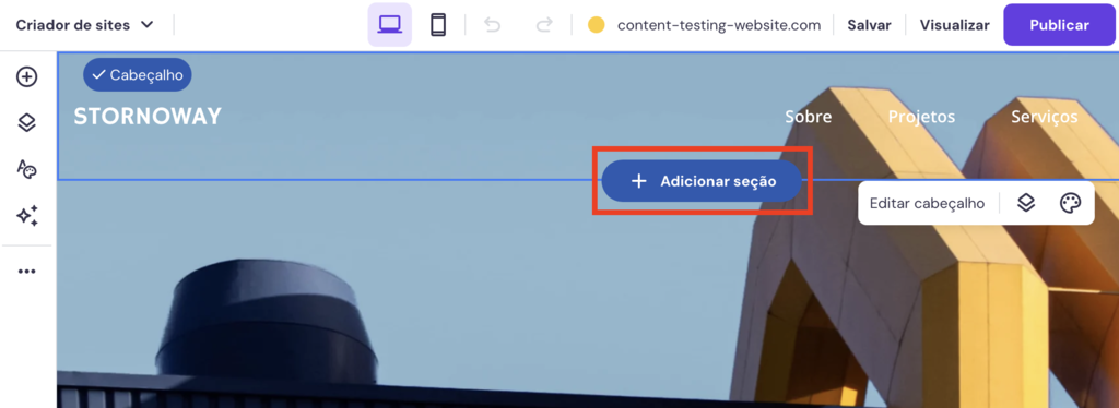 bot&atilde;o "adicionar se&ccedil;&atilde;o" no criador de sites da hostinger