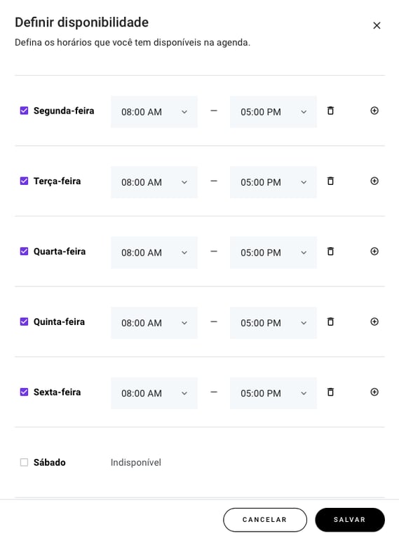 configurando sua disponibilidade no setor de agendamentos da loja virtual no criador de sites da hostinger