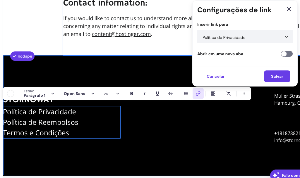 adicionando link para pol&iacute;tica de privacidade no rodap&eacute; do site criado no criador de sites da hostinger