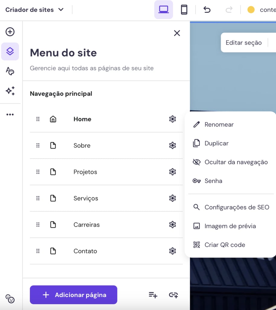 op&ccedil;&otilde;es do menu do site no criador de sites da hostinger