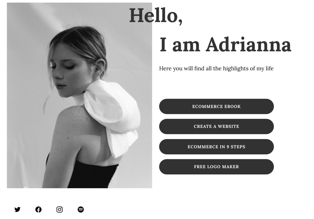 Site com tema para criador de conte&uacute;do, com imagem de uma mulher, t&iacute;tulo e 4 bot&otilde;es