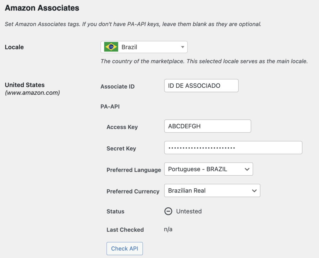janela de conectar conta amazon ao plugin Auto Amazon Links