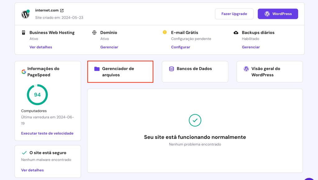 Acessando o Gerenciador de arquivos do hPanel