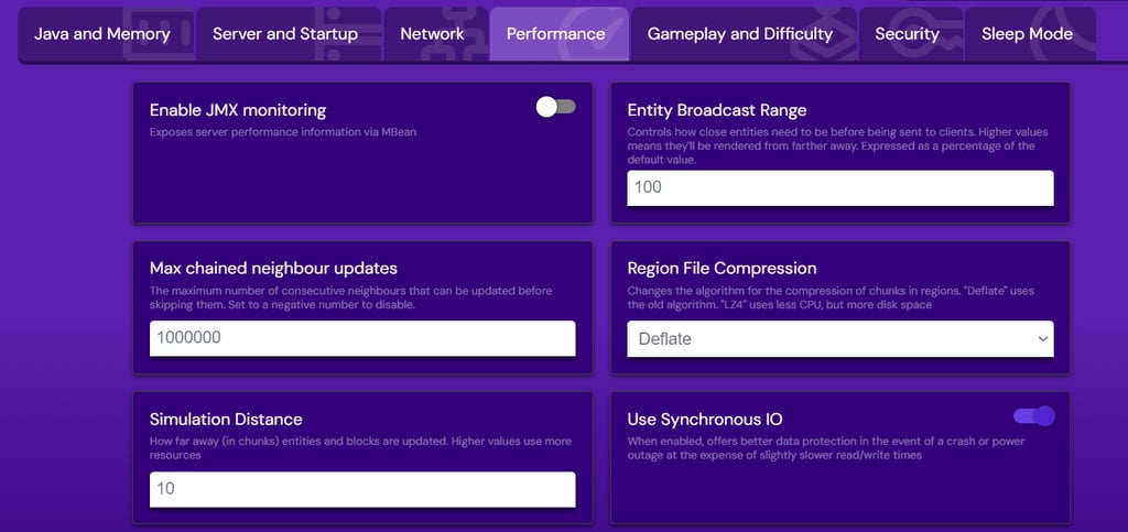 menu de configura&ccedil;&otilde;es do minecraft no game panel da hostinger