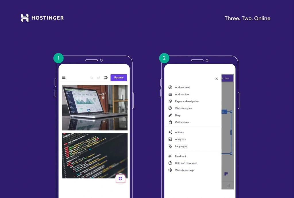 personalizando design do site no editor mobile da hostinger